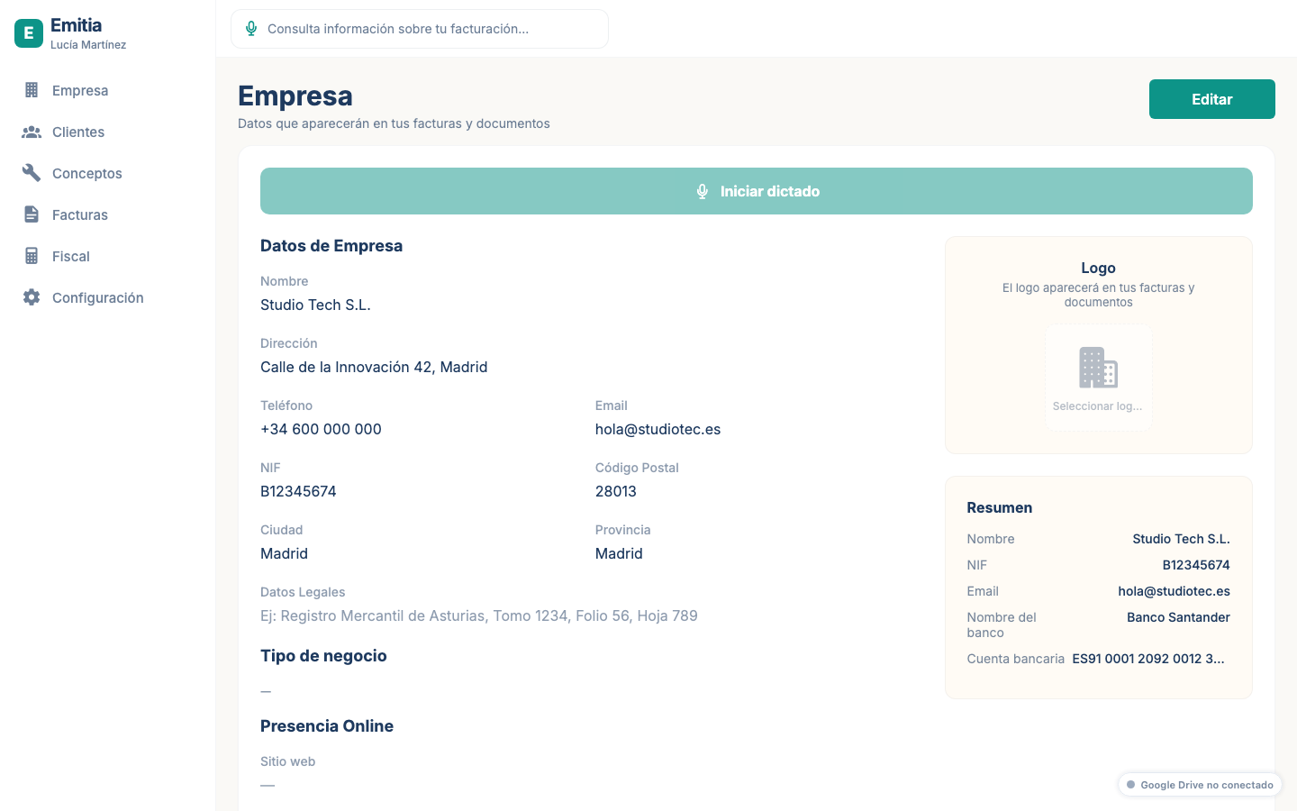 Pantalla de datos de la empresa Studio Tech S.L. con dirección, NIF y datos bancarios.