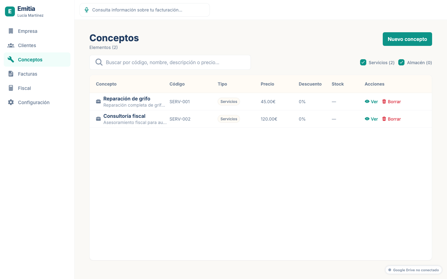 Catálogo de conceptos y servicios disponibles.