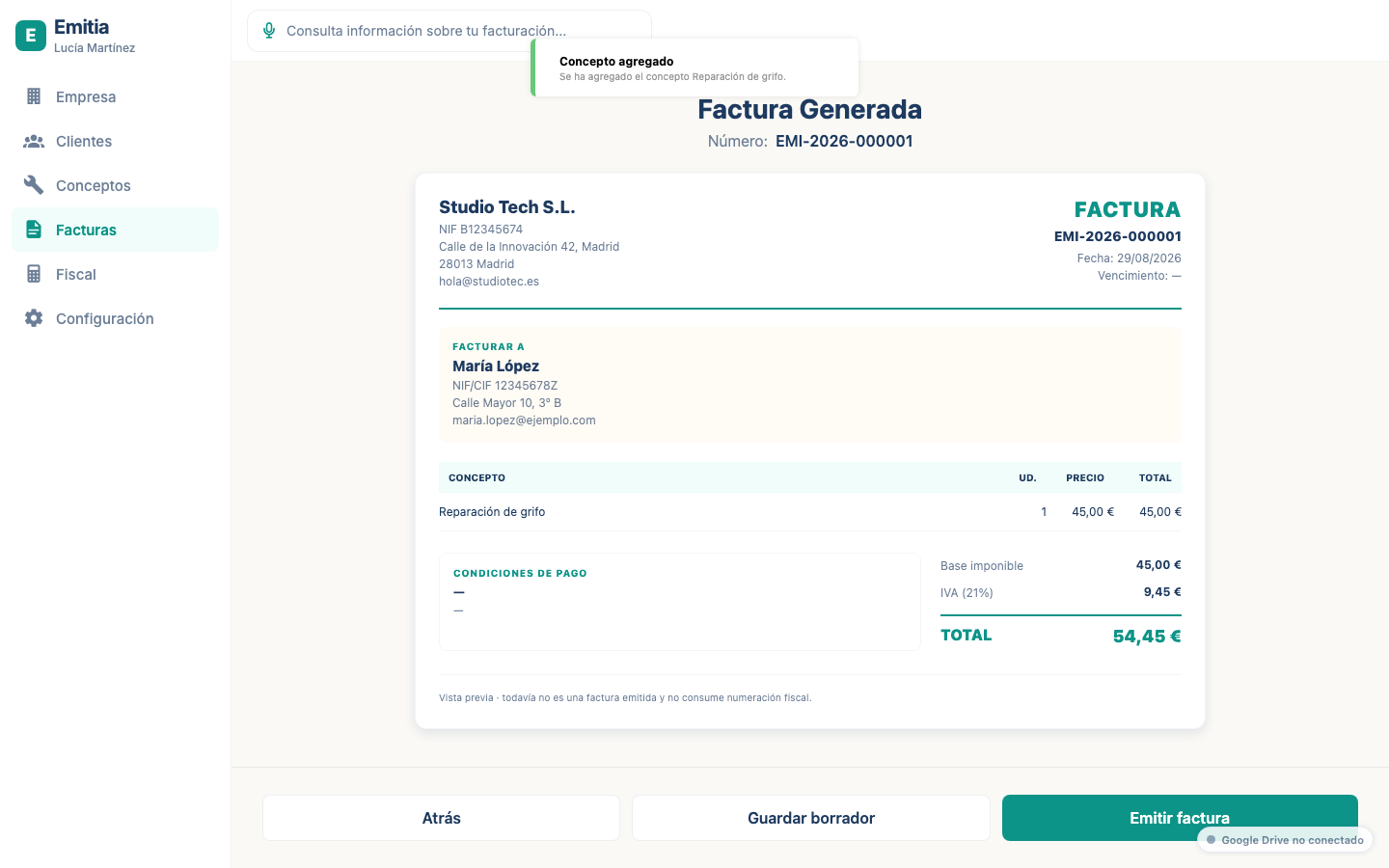 Vista previa del PDF de una factura generada por Emitia.