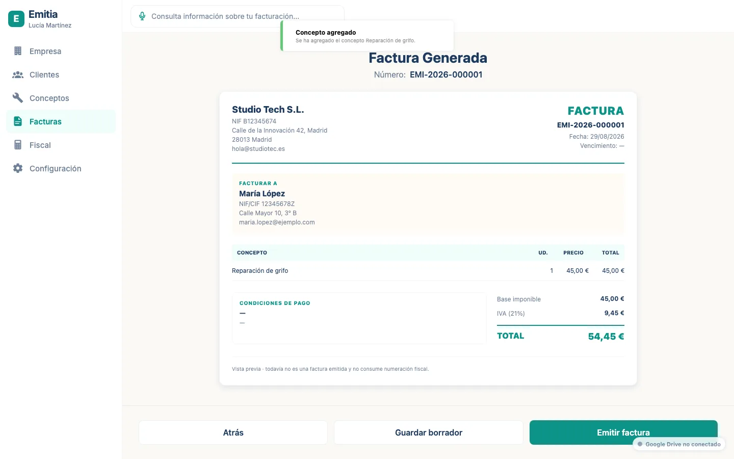 Vista previa del PDF de una factura generada por Emitia.