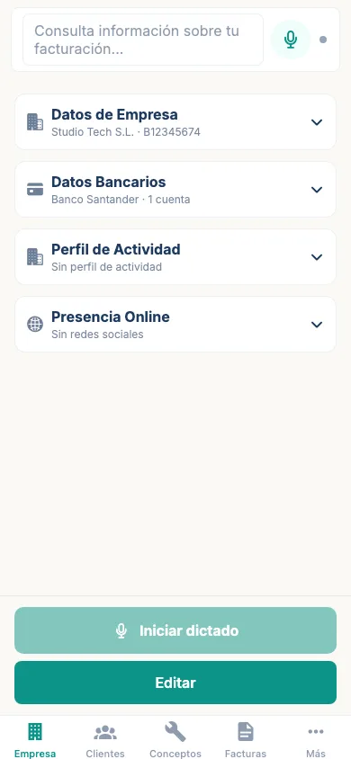 Pantalla de datos da empresa Studio Tech S.L. con enderezo, NIF e datos bancarios.