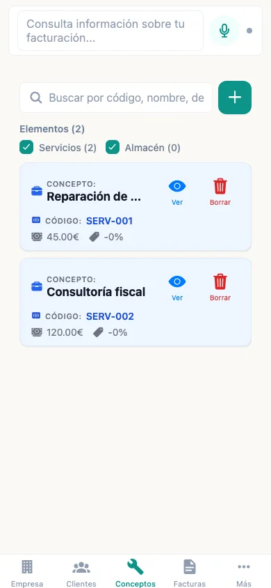 Catálogo de conceptos e servizos dispoñibles.