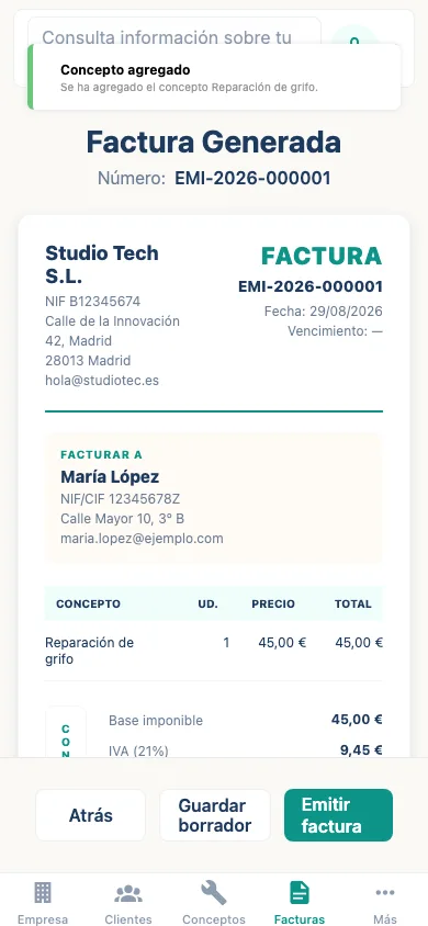 Vista previa do PDF dunha factura xerada por Emitia.